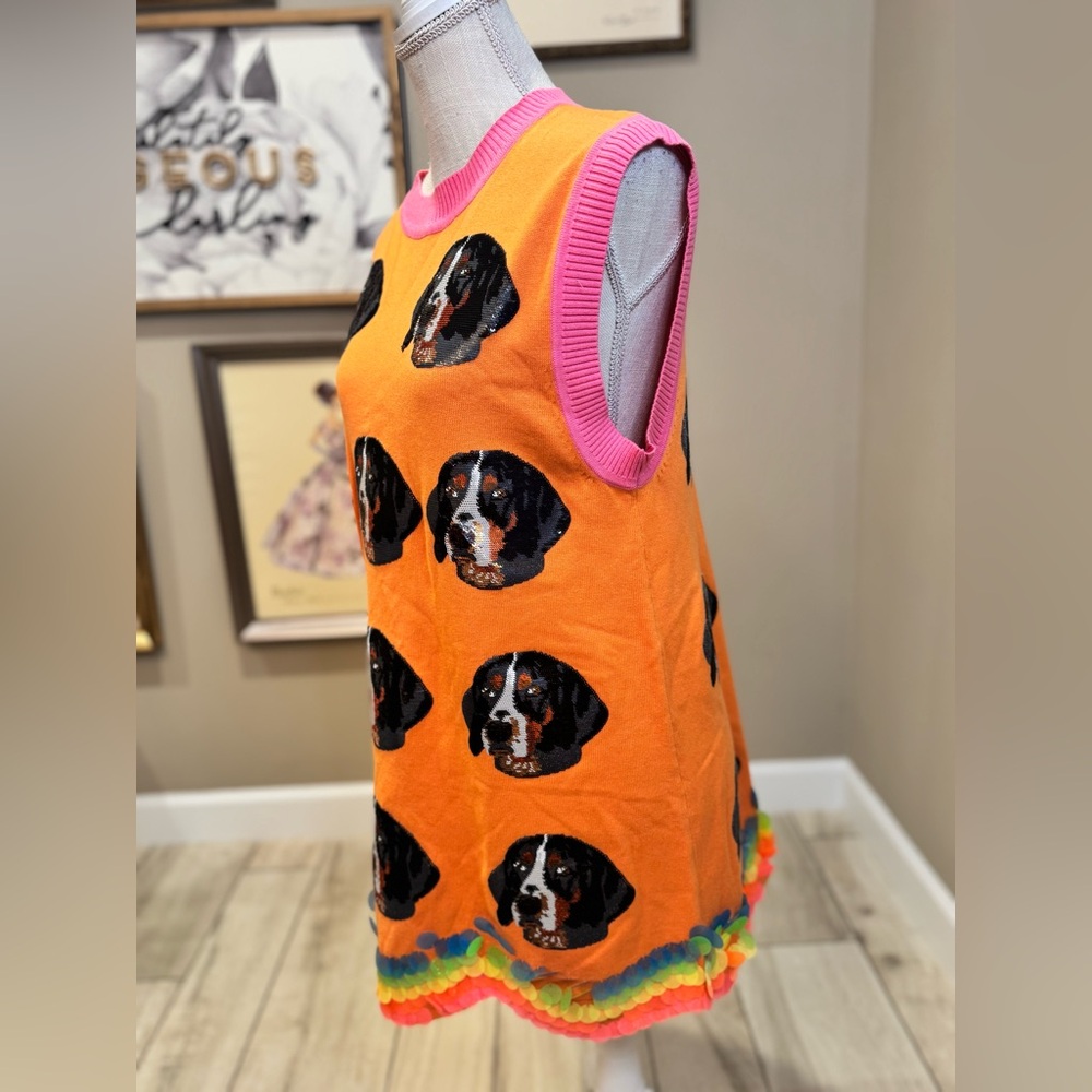 New! Rare! QUEEN OF SPARKLES Orange Smokey the Dog Pailette Sweater Dress - Picture 4 of 8